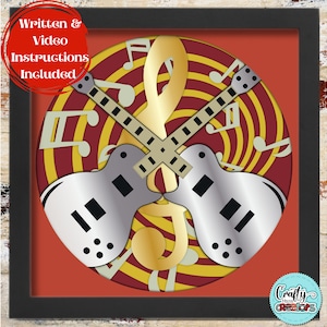3D-Gitarren-Schattenbox-Svg, Musiknoten-Svm-Svg-Schattenbox, Rock'n'Roll-Svg 3D-Schichtenpapierschnitt, E-Gitarren-SVG-Dateien für Cricut, Band-Svg