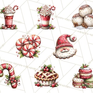 Puede incluir: Ilustraciones en acuarela de dulces y bebidas navide&ntilde;as. La imagen incluye un bast&oacute;n de caramelo, Pap&aacute; Noel, piruletas, una tarta, macarons y dos bebidas rojas con crema batida y un bast&oacute;n de caramelo. La paleta de colores es roja, blanca y verde.