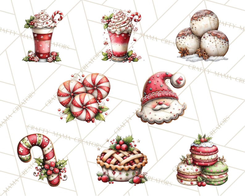 Puede incluir: Ilustraciones en acuarela de dulces y bebidas navide&ntilde;as. La imagen incluye un bast&oacute;n de caramelo, Pap&aacute; Noel, piruletas, una tarta, macarons y dos bebidas rojas con crema batida y un bast&oacute;n de caramelo. La paleta de colores es roja, blanca y verde.
