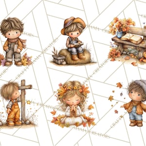 May include: Watercolor illustrations of children in autumn settings. One child stands with a cross, another reads on a hay bale, and another is surrounded by falling leaves. The images feature warm colors and fall foliage.