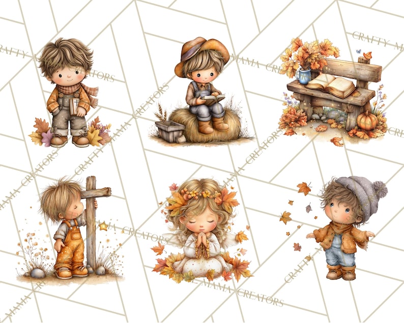 May include: Watercolor illustrations of children in autumn settings. One child stands with a cross, another reads on a hay bale, and another is surrounded by falling leaves. The images feature warm colors and fall foliage.