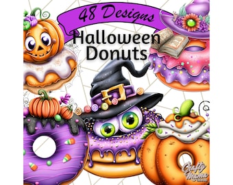 48 Png, Halloween Donut Clipart PNG, Spooky Donuts Clip Art, Iced Halloween Doughnut PNG, Ghost Bat Pumpkin Donut Art, Trick or Treat Sweets