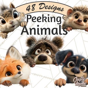 Puede incluir: Gráfico digital con una ardilla, un erizo, un oso, un zorro y un cachorro asomándose por encima de una superficie blanca. El texto "48 Designs Peeking Animals" se muestra encima de los animales. La imagen tiene un estilo de dibujos animados.