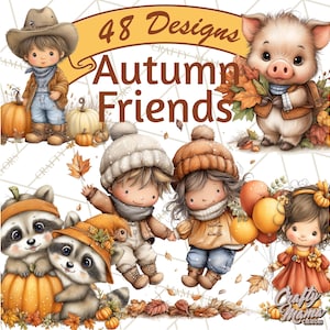 Puede incluir: Ilustración digital con el texto "48 Designs Autumn Friends". La imagen presenta personajes de dibujos animados, incluyendo un cerdo, mapaches y niños, todos vestidos con atuendos de otoño. También hay calabazas y hojas de otoño.