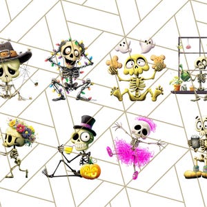 May include: A collection of whimsical skeleton illustrations. Each skeleton is depicted in various poses and outfits, including a cowboy hat, Christmas lights, holding cookies, watering plants, holding flowers, wearing a top hat, and a ballerina outfit.