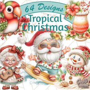 64 png tropische kerst clipart png, surfen kerstman illustraties, strandvakantie, zand sneeuwpop, palmboom, vakantie vakantie digitale download
