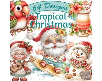 64 imagens PNG de Natal Tropical, incluindo Papai Noel surfando, férias na praia, boneco de neve na areia, palmeira e download digital de férias.