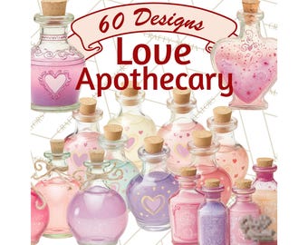 60 Png Love Potion Apothecary Clipart, Valentine Potion Bottles PNG, Vintage Pink Potion Jar Clip Art, Romantic Potion Labels and Printable