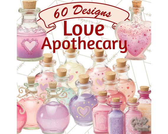 60 Png Love Potion Apothecary Clipart, Valentine Potion Bottles PNG, Vintage Pink Potion Jar Clip Art, Romantic Potion Labels and Printable