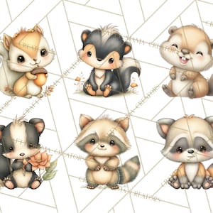 May include: A collection of six adorable cartoon woodland creatures. The image features a squirrel holding an acorn, two skunks, a beaver, and two raccoons. The illustrations are in soft, warm colors with a geometric background.