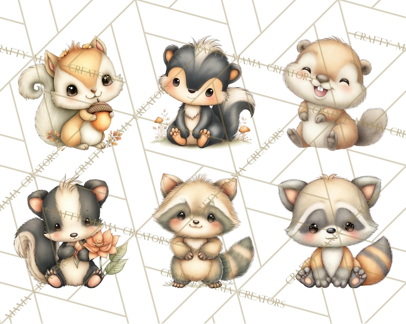 May include: A collection of six adorable cartoon woodland creatures. The image features a squirrel holding an acorn, two skunks, a beaver, and two raccoons. The illustrations are in soft, warm colors with a geometric background.