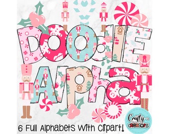 Pink Christmas Doodle Letters PNG Files, Nutcracker Christmas Doodle Alpha Bundle With Clipart, Pink Nutcracker Clipart Alphabet Doodle Set