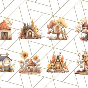 May include: A collection of watercolour illustrations depicting whimsical fairy houses in autumnal hues. The designs include mushroom-shaped homes, treehouses, and houses adorned with pumpkins and sunflowers. The overall theme evokes a charming, fairytale aesthetic.