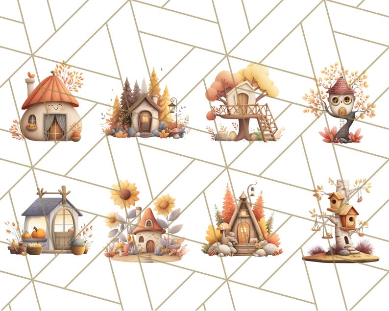 May include: A collection of watercolour illustrations depicting whimsical fairy houses in autumnal hues. The designs include mushroom-shaped homes, treehouses, and houses adorned with pumpkins and sunflowers. The overall theme evokes a charming, fairytale aesthetic.
