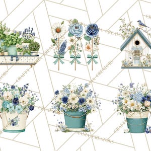 May include: A collection of watercolor illustrations featuring floral arrangements and garden elements. The image includes a birdhouse, buckets, and a planter, all adorned with blue and white flowers and greenery. The style is reminiscent of vintage botanical art.