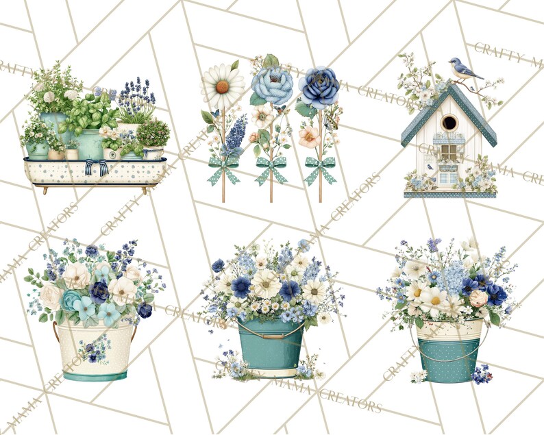 May include: A collection of watercolor illustrations featuring floral arrangements and garden elements. The image includes a birdhouse, buckets, and a planter, all adorned with blue and white flowers and greenery. The style is reminiscent of vintage botanical art.