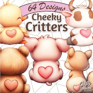 Cute Back View Animal Clipart PNG, Cartoon Sitting Animals from Behind with Hearts, Funny Farm & Pet Animal Rear View Clip Art PNG Clip Art