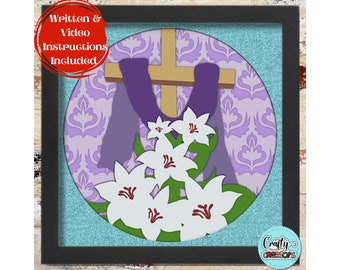 3D Easter Shadow Box Svg, Christian Easter Cross Shadowbox Svg, Easter 3D Layered Papercut, Spring Easter Lily SVG, Christian Cross Cut File