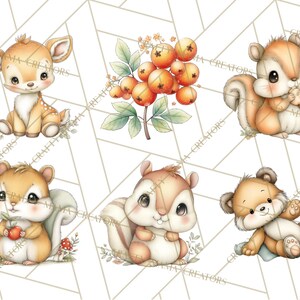 May include: A collection of watercolor illustrations featuring woodland animals. Includes a fawn, squirrels, and a bear cub, each with large eyes and soft fur. Also includes a cluster of orange berries. The background is a geometric pattern.