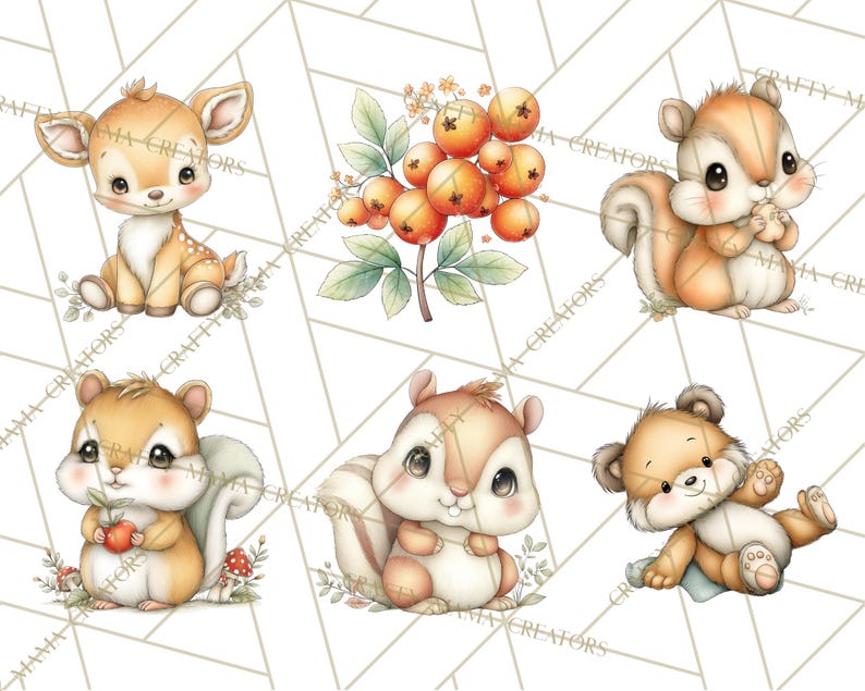 May include: A collection of watercolor illustrations featuring woodland animals. Includes a fawn, squirrels, and a bear cub, each with large eyes and soft fur. Also includes a cluster of orange berries. The background is a geometric pattern.