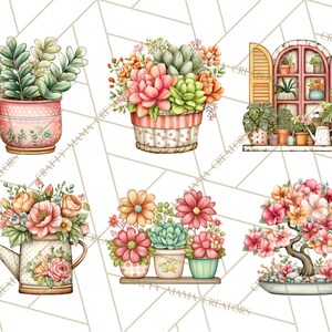 May include: Watercolor illustrations of potted plants and flowers. The image features a variety of floral arrangements, including succulents, roses, and a bonsai tree. The color palette includes pinks, greens, oranges, and yellows, creating a vibrant and cheerful aesthetic.