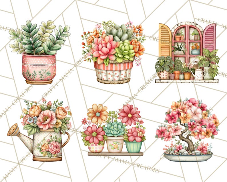 May include: Watercolor illustrations of potted plants and flowers. The image features a variety of floral arrangements, including succulents, roses, and a bonsai tree. The color palette includes pinks, greens, oranges, and yellows, creating a vibrant and cheerful aesthetic.