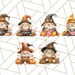 May include: Six adorable gnomes dressed in witch costumes for Halloween. Each gnome is holding a different item, including a cauldron, a basket, a pumpkin, and a crystal ball. The gnomes are surrounded by fall leaves and pumpkins.