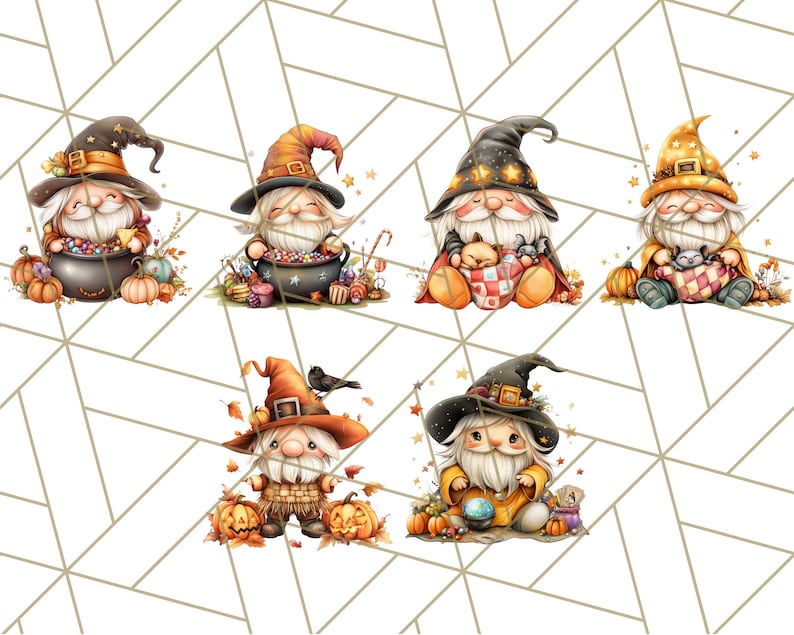 May include: Six adorable gnomes dressed in witch costumes for Halloween. Each gnome is holding a different item, including a cauldron, a basket, a pumpkin, and a crystal ball. The gnomes are surrounded by fall leaves and pumpkins.