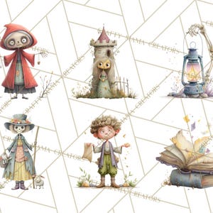 May include: Watercolor illustrations of whimsical characters, including a skeleton in a red cloak, a girl in a tower, a lantern with a skeleton arm, a skeleton with a staff and a sheep, a boy with a scroll, and an open book.