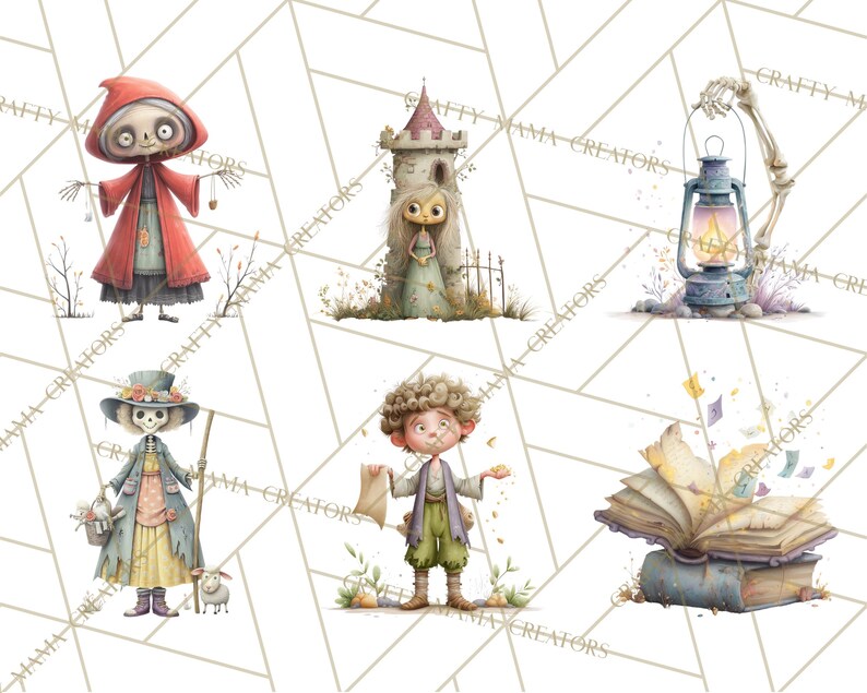 May include: Watercolor illustrations of whimsical characters, including a skeleton in a red cloak, a girl in a tower, a lantern with a skeleton arm, a skeleton with a staff and a sheep, a boy with a scroll, and an open book.