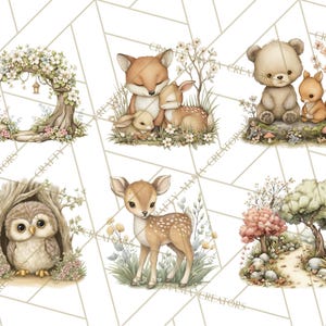 May include: A collection of watercolour illustrations featuring woodland creatures such as a fox, deer, rabbit, bear, squirrel, and owl. The images have soft colours and floral details, creating a whimsical, nature-inspired theme. The illustrations are set against a white background.