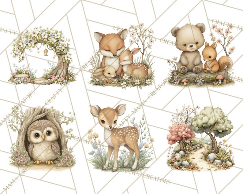 May include: A collection of watercolour illustrations featuring woodland creatures such as a fox, deer, rabbit, bear, squirrel, and owl. The images have soft colours and floral details, creating a whimsical, nature-inspired theme. The illustrations are set against a white background.