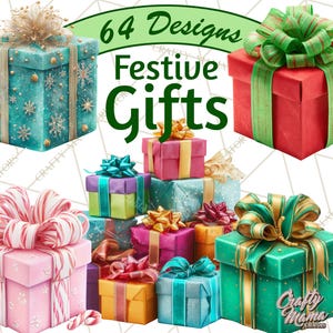 May include: A collection of brightly coloured gift boxes, each wrapped and adorned with bows. The image features boxes in shades of teal, red, pink, and green. The text "64 Designs Festive Gifts" is displayed in the centre of the image.