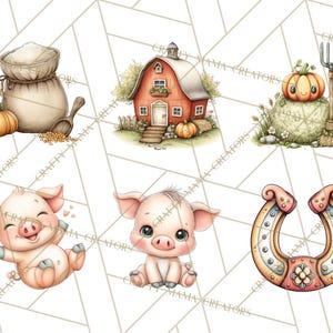 May include: Watercolor illustrations of farm-themed elements. Includes a bag of flour, a red barn, a smiling pumpkin, two pigs, and a horseshoe. The images have a soft, pastel color palette and a whimsical style.