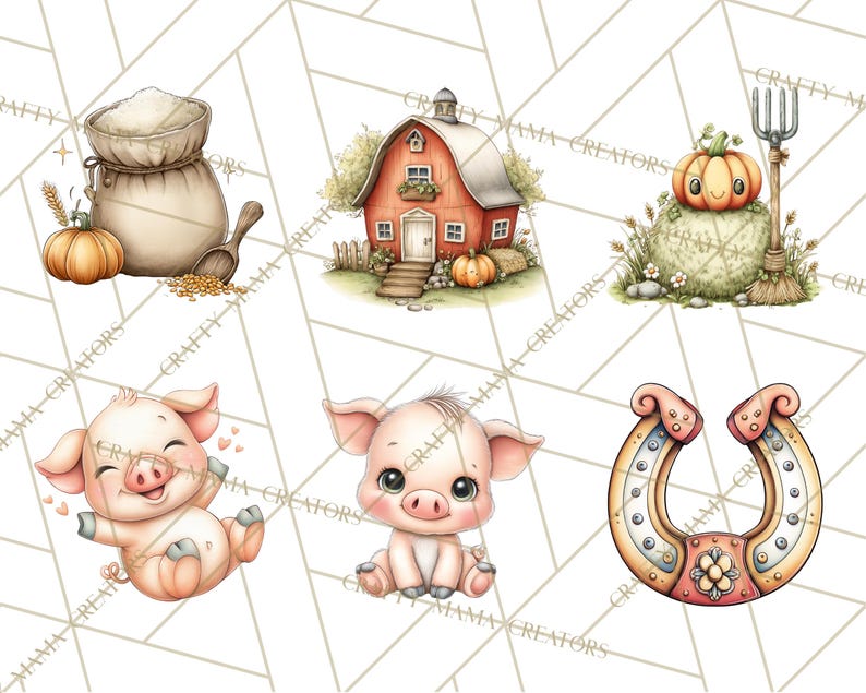 May include: Watercolor illustrations of farm-themed elements. Includes a bag of flour, a red barn, a smiling pumpkin, two pigs, and a horseshoe. The images have a soft, pastel color palette and a whimsical style.