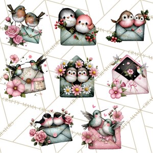 May include: Watercolor illustrations of birds and hummingbirds in envelopes, surrounded by flowers. The envelopes are in various colors, including blue and pink, and decorated with floral accents. The birds are depicted in pairs, adding a romantic and whimsical touch.