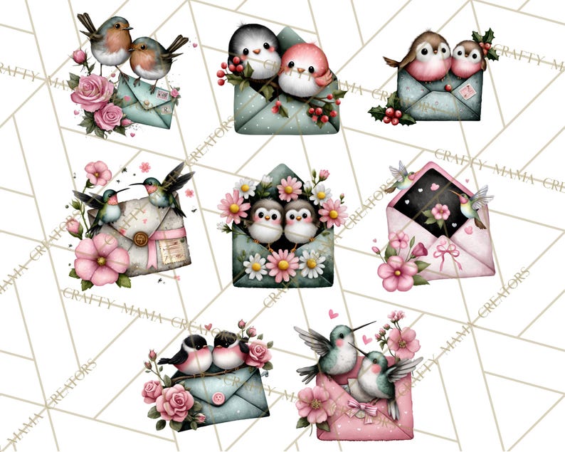 May include: Watercolor illustrations of birds and hummingbirds in envelopes, surrounded by flowers. The envelopes are in various colors, including blue and pink, and decorated with floral accents. The birds are depicted in pairs, adding a romantic and whimsical touch.