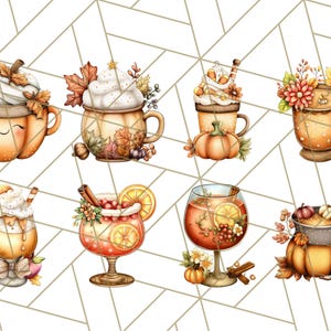 May include: A collection of watercolor illustrations featuring autumn-themed beverages. The images include pumpkin-shaped mugs and glasses filled with drinks, adorned with whipped cream, leaves, and fruit. The color palette is warm, with orange, brown, and cream tones.