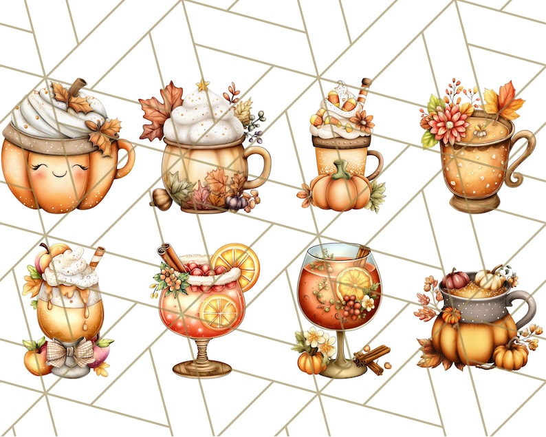 May include: A collection of watercolor illustrations featuring autumn-themed beverages. The images include pumpkin-shaped mugs and glasses filled with drinks, adorned with whipped cream, leaves, and fruit. The color palette is warm, with orange, brown, and cream tones.