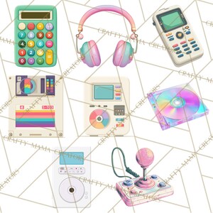 May include: A collection of retro-themed illustrations featuring a calculator, headphones, a cell phone, a floppy disk, a music player, a CD, a mixing console, and a joystick. The items are in pastel colors.