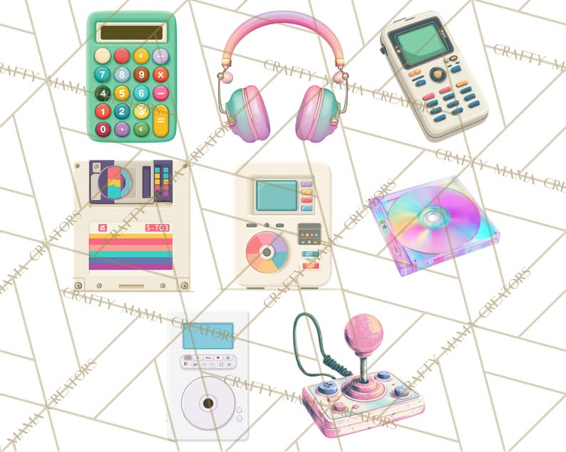 May include: A collection of retro-themed illustrations featuring a calculator, headphones, a cell phone, a floppy disk, a music player, a CD, a mixing console, and a joystick. The items are in pastel colors.