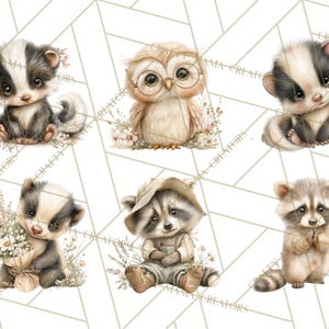 Puede incluir: Ilustraciones en acuarela de adorables criaturas del bosque, incluyendo una mofeta, un b&uacute;ho y un mapache. Los animales est&aacute;n representados con pelaje suave y expresiones amables, rodeados de detalles florales. La obra de arte tiene una est&eacute;tica caprichosa y encantadora.