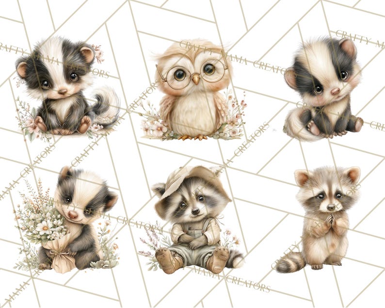 Puede incluir: Ilustraciones en acuarela de adorables criaturas del bosque, incluyendo una mofeta, un b&uacute;ho y un mapache. Los animales est&aacute;n representados con pelaje suave y expresiones amables, rodeados de detalles florales. La obra de arte tiene una est&eacute;tica caprichosa y encantadora.