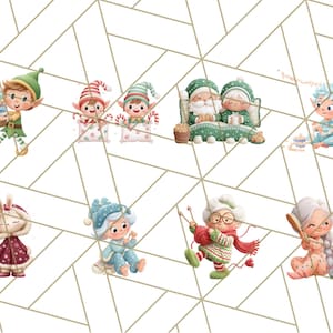 May include: A collection of whimsical Christmas illustrations featuring elves, Santa and Mrs. Claus, and other festive characters. The characters are depicted in various activities, such as knitting, eating popcorn, and enjoying the holiday season.