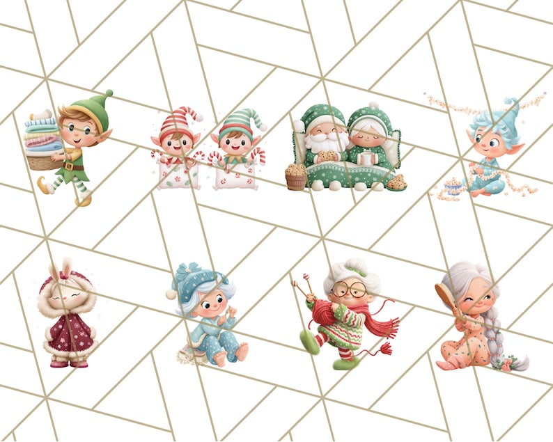 May include: A collection of whimsical Christmas illustrations featuring elves, Santa and Mrs. Claus, and other festive characters. The characters are depicted in various activities, such as knitting, eating popcorn, and enjoying the holiday season.