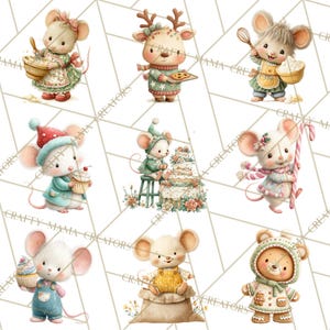 May include: Watercolor illustrations of adorable mice in various outfits. One mouse bakes with a bowl, another wears a reindeer costume, and a third holds a whisk. Other mice are dressed in winter attire, holding cupcakes and candy canes. The background is a geometric pattern.