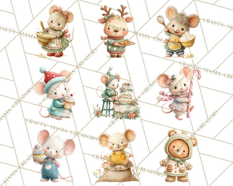 May include: Watercolor illustrations of adorable mice in various outfits. One mouse bakes with a bowl, another wears a reindeer costume, and a third holds a whisk. Other mice are dressed in winter attire, holding cupcakes and candy canes. The background is a geometric pattern.