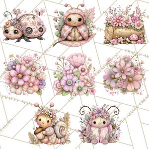May include: A collection of whimsical watercolor illustrations featuring adorable creatures and floral arrangements. The designs include a ladybug, a baby in a hooded outfit, a log with flowers, and various flower bouquets in soft pinks and purples.