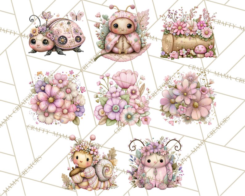 May include: A collection of whimsical watercolor illustrations featuring adorable creatures and floral arrangements. The designs include a ladybug, a baby in a hooded outfit, a log with flowers, and various flower bouquets in soft pinks and purples.