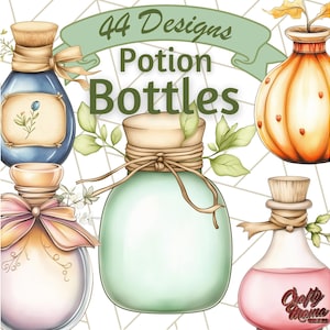 May include: 44 Designs Potion Bottles. A digital illustration of four potion bottles with different colored liquids and cork stoppers. The bottles are decorated with ribbons, twine, and flowers. The text "44 Designs Potion Bottles" is written in a banner above the bottles.